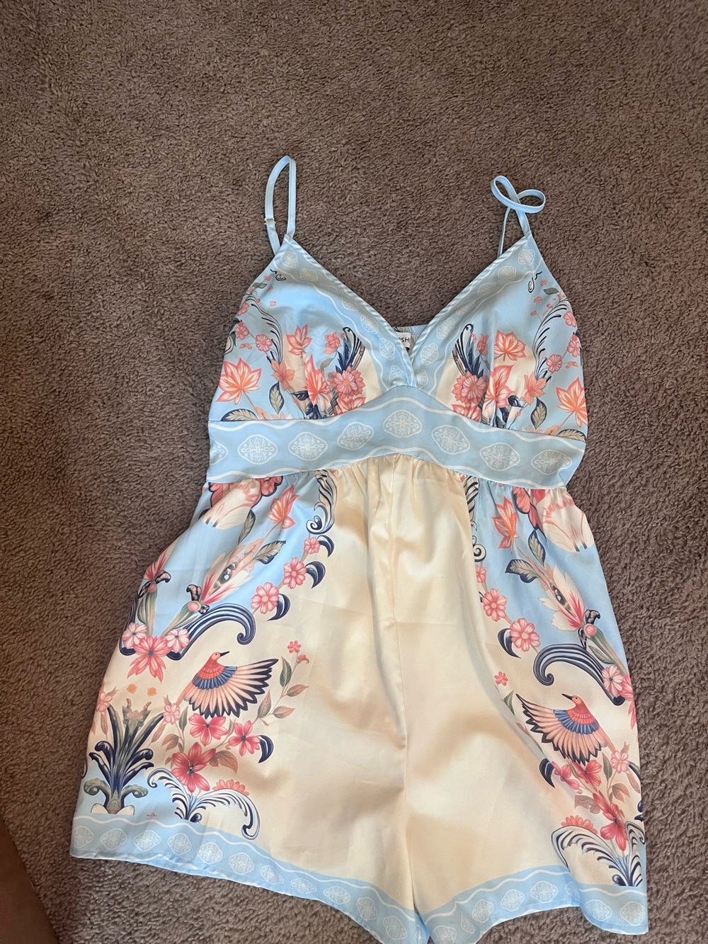 Floral Blue & Cream Satin Romper Sleepwear cupshe